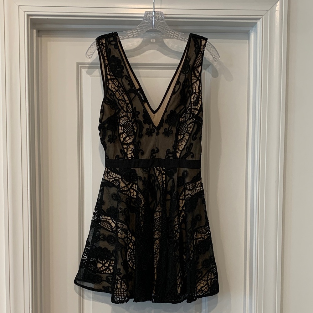 bebe Black Lace Dress with Nude Lining 6 NWOT deep v bodice